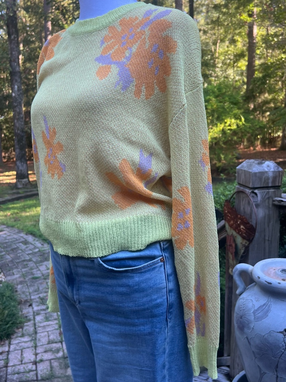 Shop the Chic Girl Floral Open Knit Sweater Medium Pastel Green Y2K